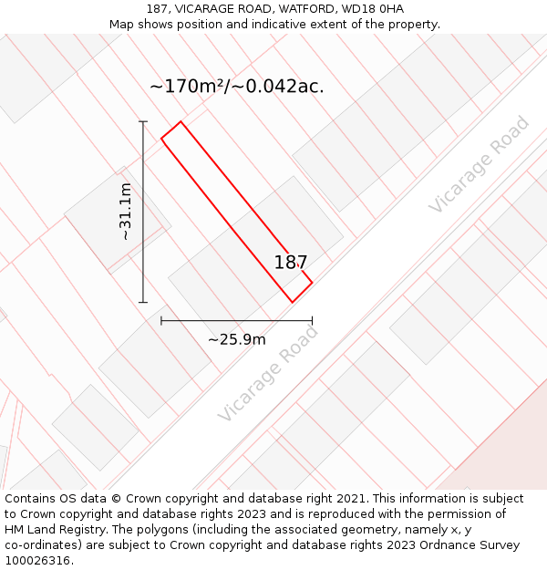 187, VICARAGE ROAD, WATFORD, WD18 0HA: Plot and title map