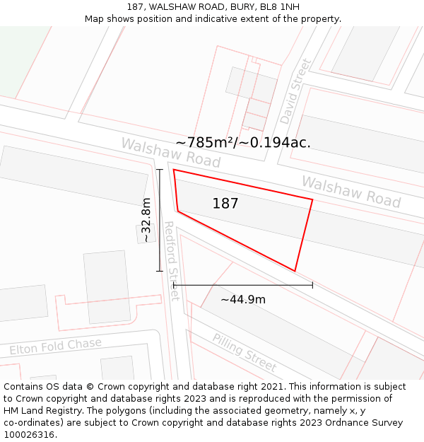 187, WALSHAW ROAD, BURY, BL8 1NH: Plot and title map