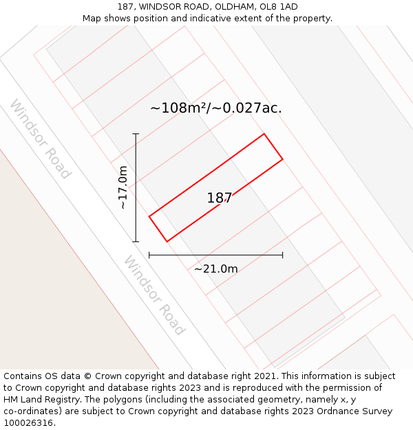 187, WINDSOR ROAD, OLDHAM, OL8 1AD: Plot and title map