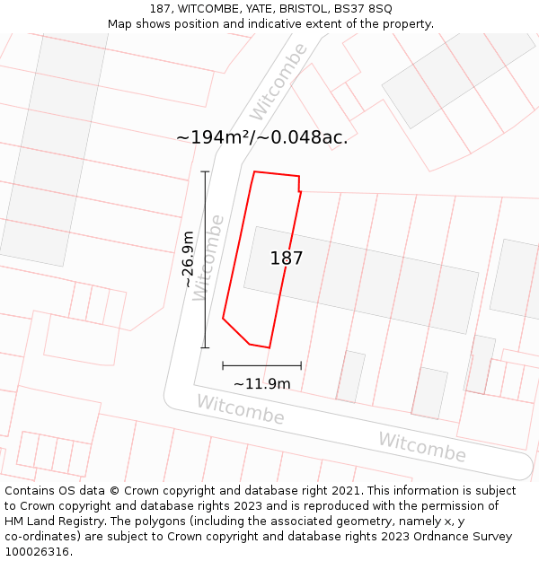 187, WITCOMBE, YATE, BRISTOL, BS37 8SQ: Plot and title map