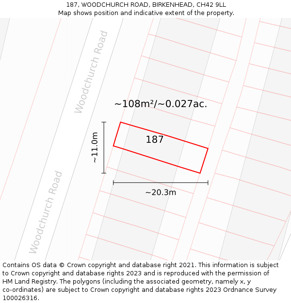 187, WOODCHURCH ROAD, BIRKENHEAD, CH42 9LL: Plot and title map