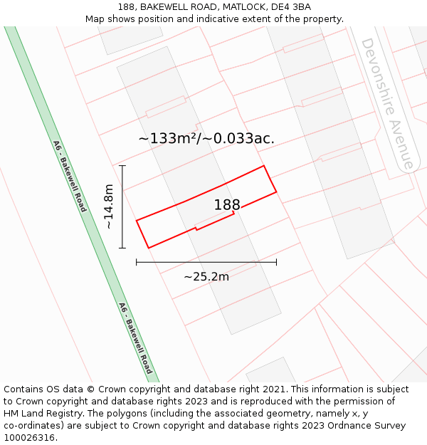 188, BAKEWELL ROAD, MATLOCK, DE4 3BA: Plot and title map
