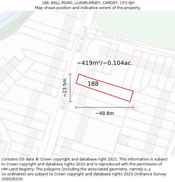 188, BALL ROAD, LLANRUMNEY, CARDIFF, CF3 4JH: Plot and title map