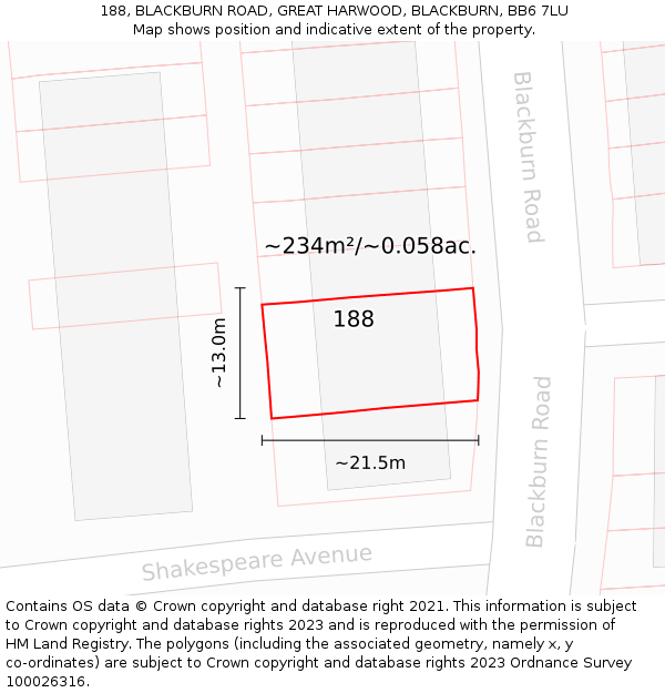 188, BLACKBURN ROAD, GREAT HARWOOD, BLACKBURN, BB6 7LU: Plot and title map