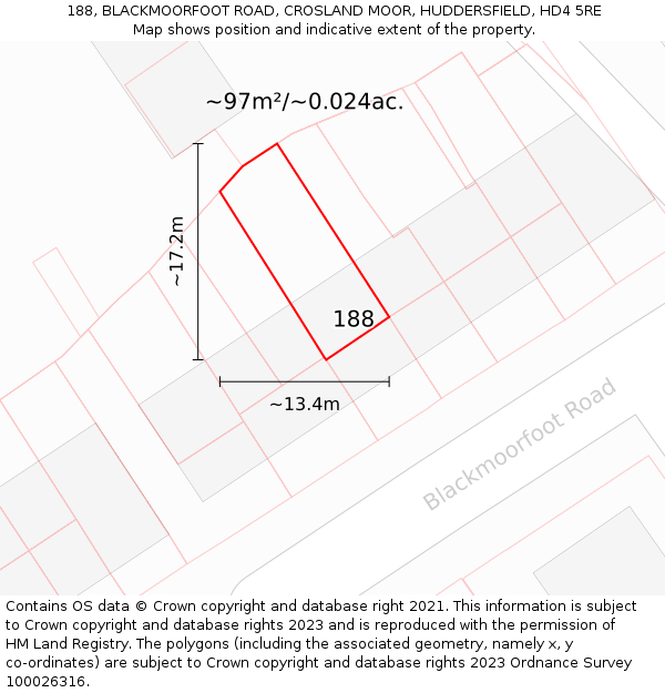 188, BLACKMOORFOOT ROAD, CROSLAND MOOR, HUDDERSFIELD, HD4 5RE: Plot and title map