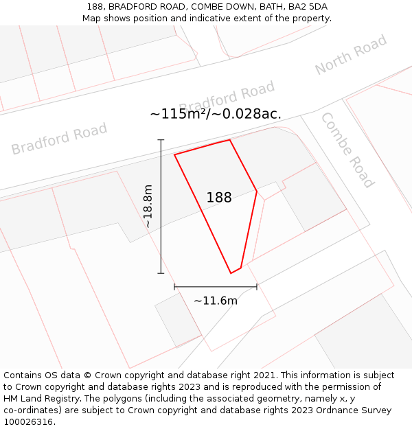 188, BRADFORD ROAD, COMBE DOWN, BATH, BA2 5DA: Plot and title map