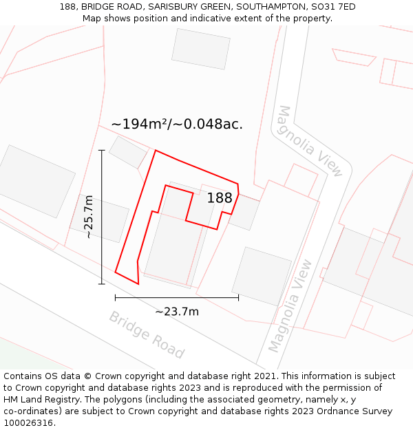 188, BRIDGE ROAD, SARISBURY GREEN, SOUTHAMPTON, SO31 7ED: Plot and title map