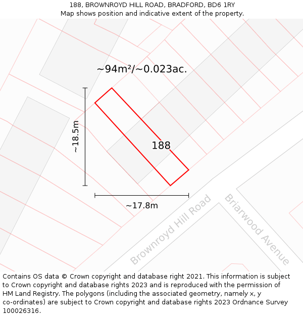 188, BROWNROYD HILL ROAD, BRADFORD, BD6 1RY: Plot and title map