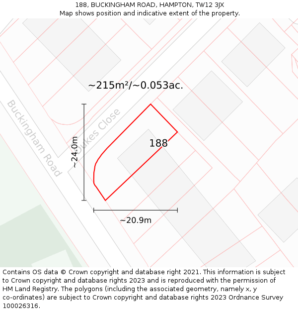 188, BUCKINGHAM ROAD, HAMPTON, TW12 3JX: Plot and title map