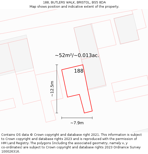 188, BUTLERS WALK, BRISTOL, BS5 8DA: Plot and title map