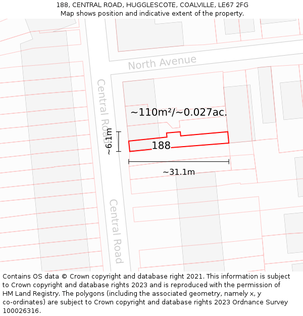188, CENTRAL ROAD, HUGGLESCOTE, COALVILLE, LE67 2FG: Plot and title map