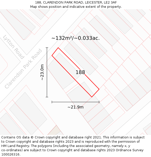 188, CLARENDON PARK ROAD, LEICESTER, LE2 3AF: Plot and title map