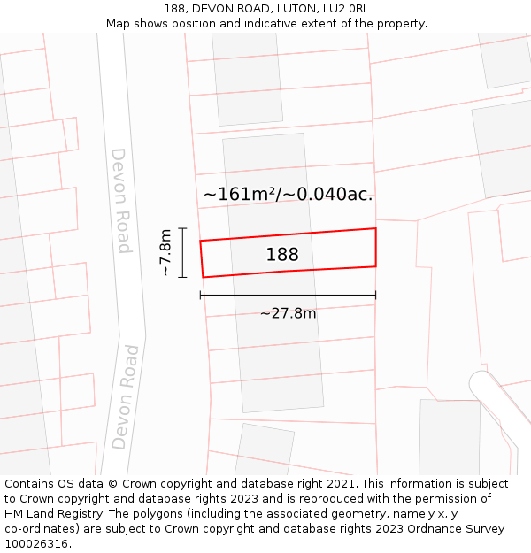 188, DEVON ROAD, LUTON, LU2 0RL: Plot and title map