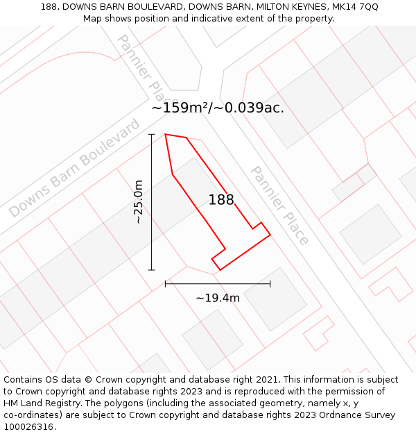 188, DOWNS BARN BOULEVARD, DOWNS BARN, MILTON KEYNES, MK14 7QQ: Plot and title map