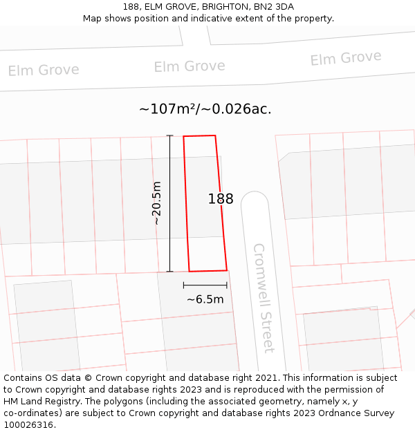 188, ELM GROVE, BRIGHTON, BN2 3DA: Plot and title map