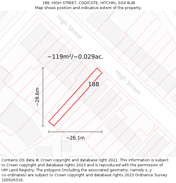 188, HIGH STREET, CODICOTE, HITCHIN, SG4 8UB: Plot and title map