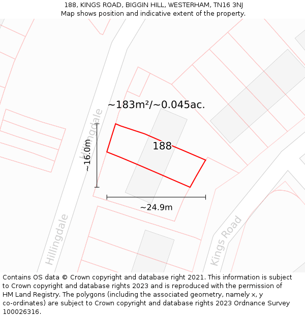188, KINGS ROAD, BIGGIN HILL, WESTERHAM, TN16 3NJ: Plot and title map