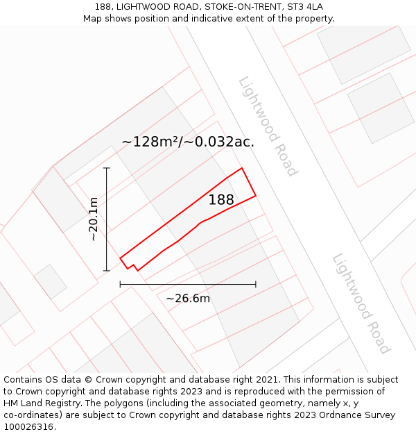 188, LIGHTWOOD ROAD, STOKE-ON-TRENT, ST3 4LA: Plot and title map