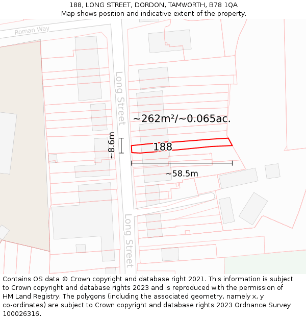 188, LONG STREET, DORDON, TAMWORTH, B78 1QA: Plot and title map