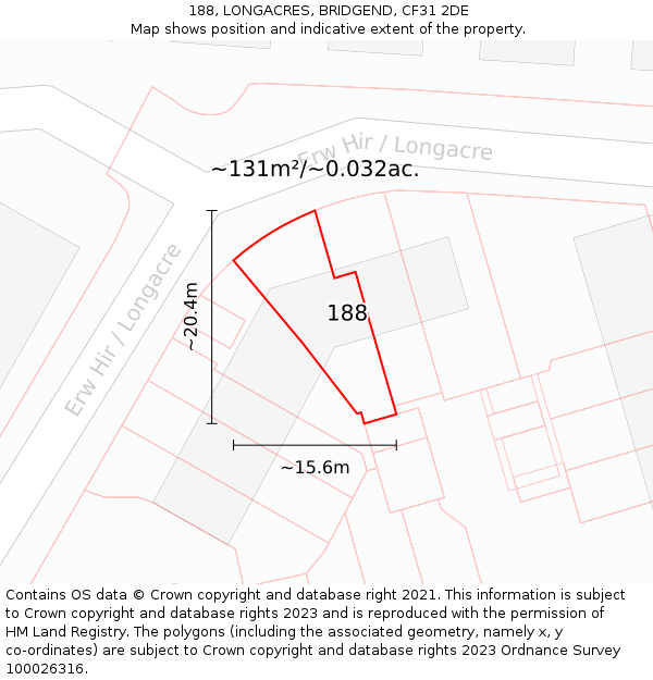 188, LONGACRES, BRIDGEND, CF31 2DE: Plot and title map