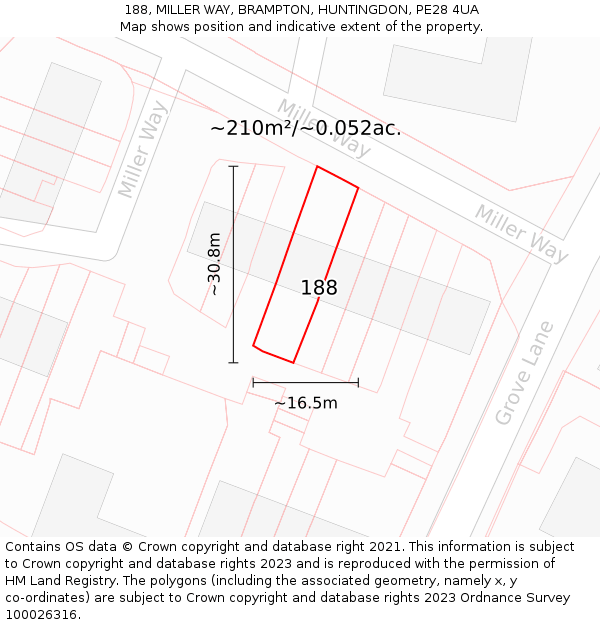 188, MILLER WAY, BRAMPTON, HUNTINGDON, PE28 4UA: Plot and title map