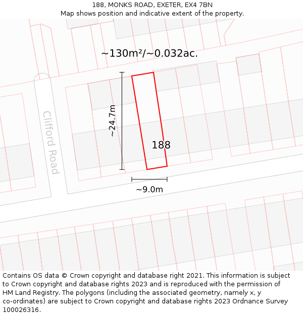 188, MONKS ROAD, EXETER, EX4 7BN: Plot and title map