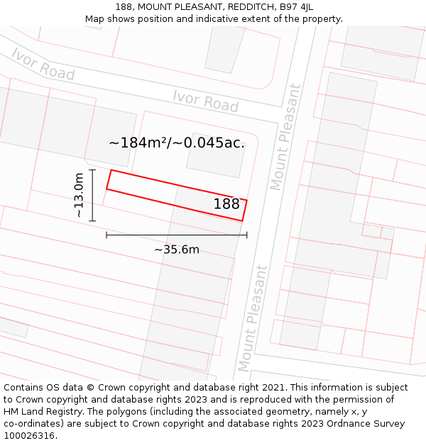 188, MOUNT PLEASANT, REDDITCH, B97 4JL: Plot and title map