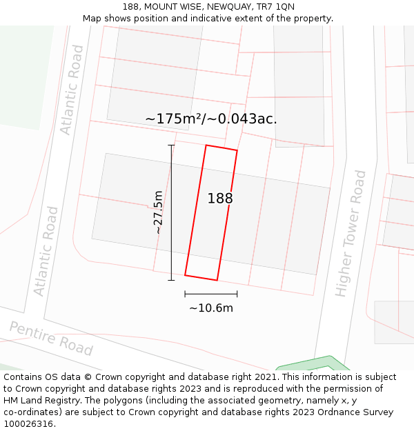 188, MOUNT WISE, NEWQUAY, TR7 1QN: Plot and title map