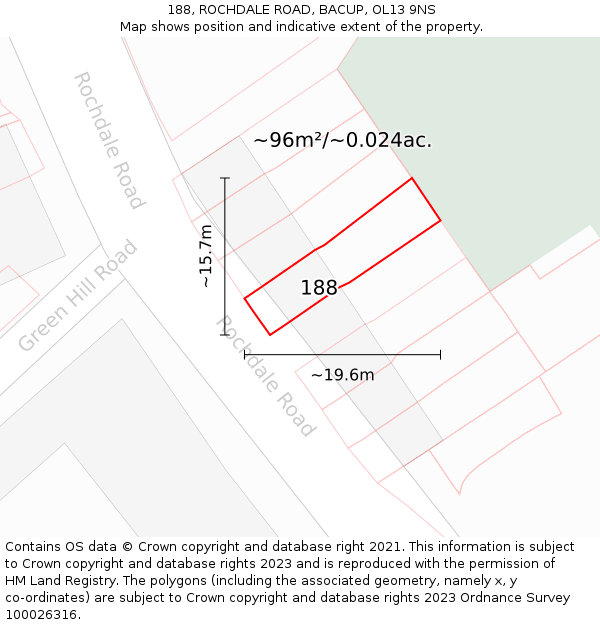 188, ROCHDALE ROAD, BACUP, OL13 9NS: Plot and title map
