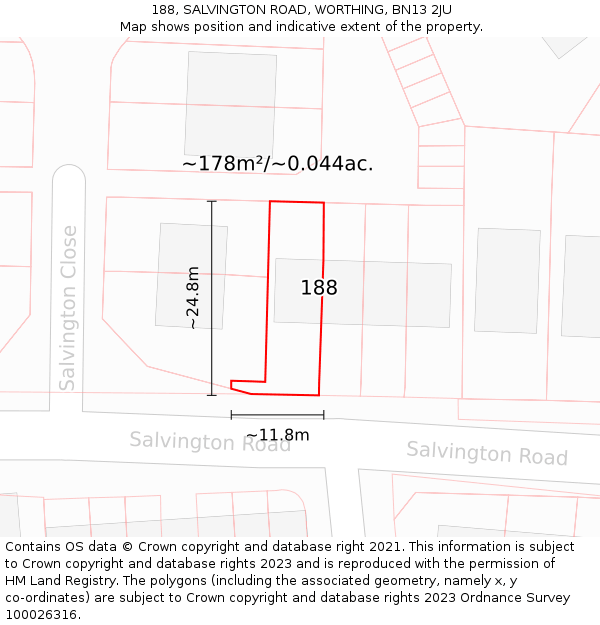 188, SALVINGTON ROAD, WORTHING, BN13 2JU: Plot and title map