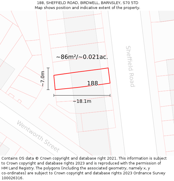 188, SHEFFIELD ROAD, BIRDWELL, BARNSLEY, S70 5TD: Plot and title map