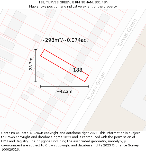 188, TURVES GREEN, BIRMINGHAM, B31 4BN: Plot and title map