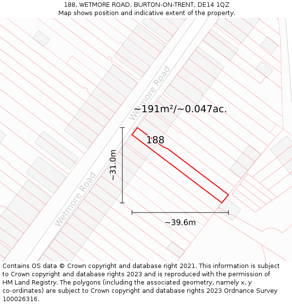 188, WETMORE ROAD, BURTON-ON-TRENT, DE14 1QZ: Plot and title map