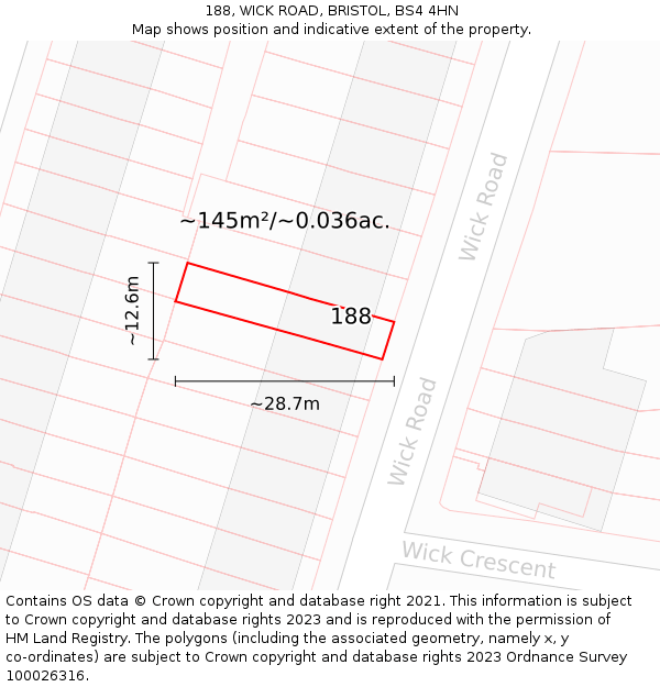 188, WICK ROAD, BRISTOL, BS4 4HN: Plot and title map
