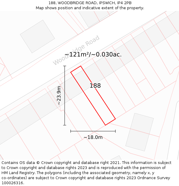 188, WOODBRIDGE ROAD, IPSWICH, IP4 2PB: Plot and title map