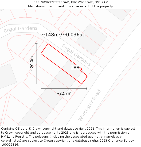 188, WORCESTER ROAD, BROMSGROVE, B61 7AZ: Plot and title map