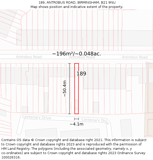 189, ANTROBUS ROAD, BIRMINGHAM, B21 9NU: Plot and title map