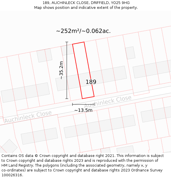 189, AUCHINLECK CLOSE, DRIFFIELD, YO25 9HG: Plot and title map