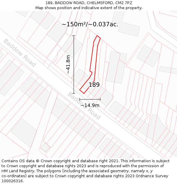 189, BADDOW ROAD, CHELMSFORD, CM2 7PZ: Plot and title map