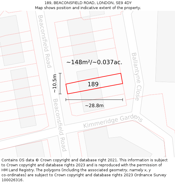 189, BEACONSFIELD ROAD, LONDON, SE9 4DY: Plot and title map