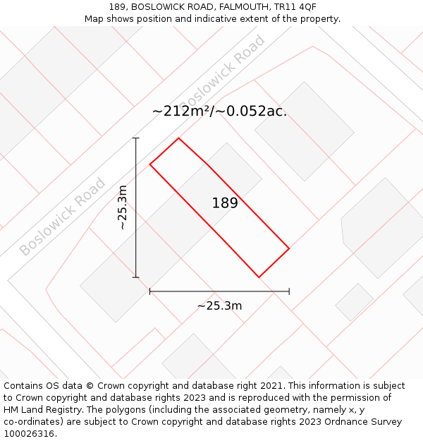 189, BOSLOWICK ROAD, FALMOUTH, TR11 4QF: Plot and title map