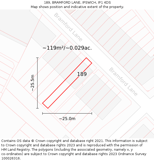 189, BRAMFORD LANE, IPSWICH, IP1 4DS: Plot and title map