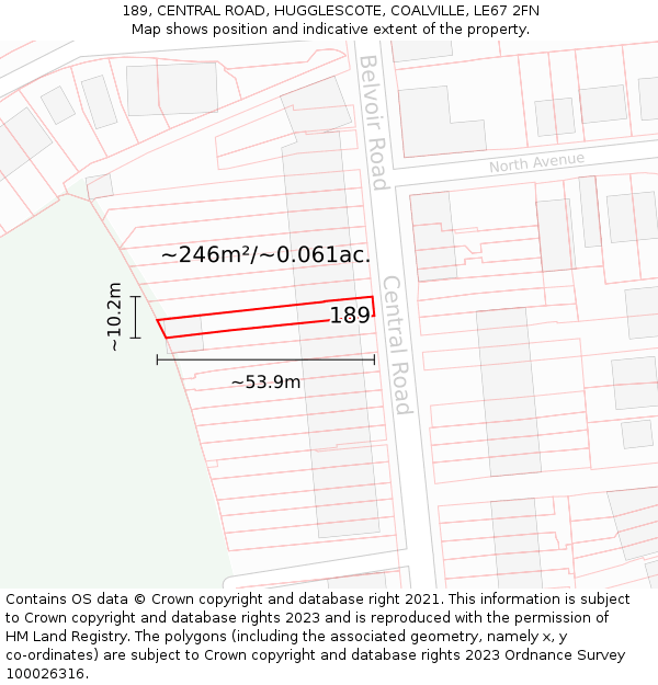 189, CENTRAL ROAD, HUGGLESCOTE, COALVILLE, LE67 2FN: Plot and title map