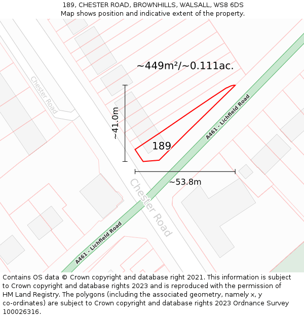 189, CHESTER ROAD, BROWNHILLS, WALSALL, WS8 6DS: Plot and title map
