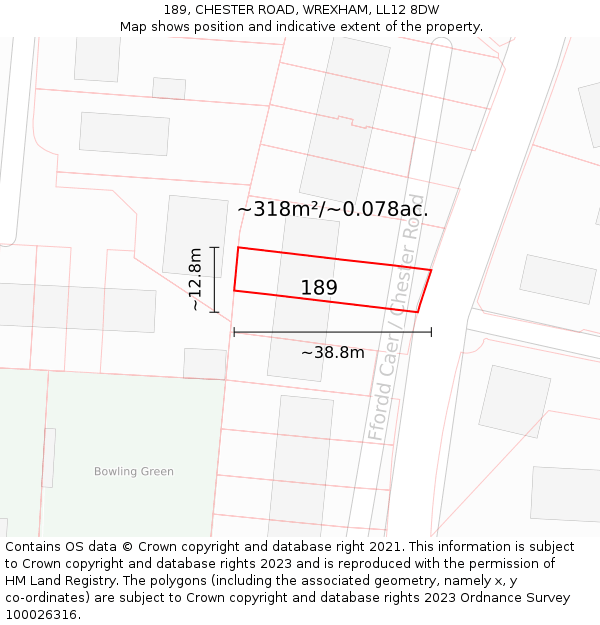 189, CHESTER ROAD, WREXHAM, LL12 8DW: Plot and title map