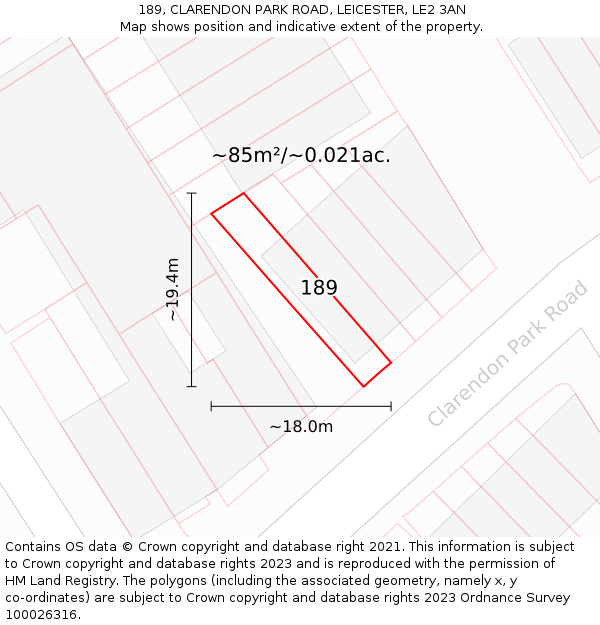 189, CLARENDON PARK ROAD, LEICESTER, LE2 3AN: Plot and title map
