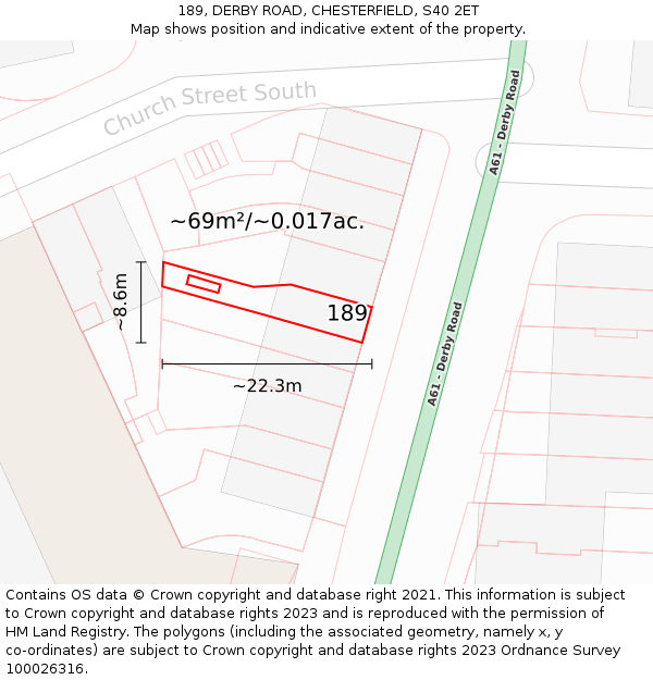 189, DERBY ROAD, CHESTERFIELD, S40 2ET: Plot and title map