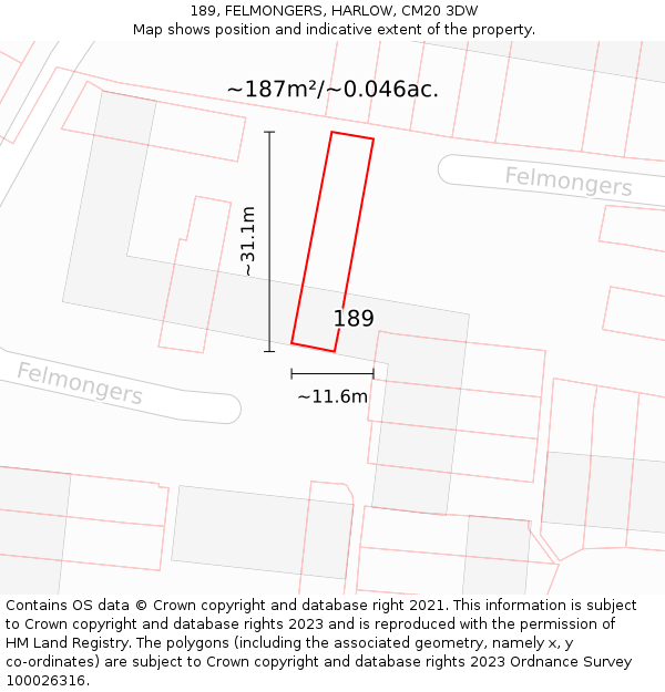 189, FELMONGERS, HARLOW, CM20 3DW: Plot and title map