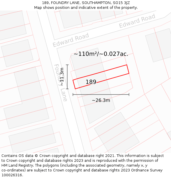 189, FOUNDRY LANE, SOUTHAMPTON, SO15 3JZ: Plot and title map