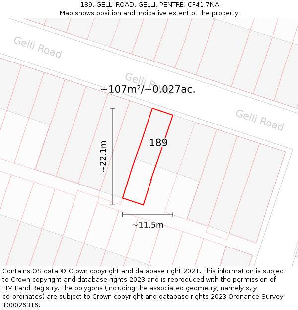 189, GELLI ROAD, GELLI, PENTRE, CF41 7NA: Plot and title map